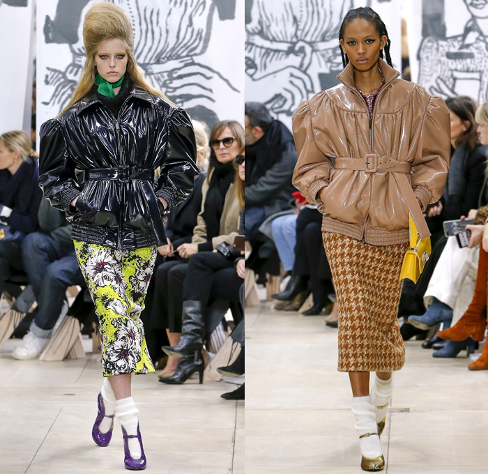 Miu Miu 2018-2019 Fall Autumn Winter Womens Runway Catwalk Looks - Mode à Paris Fashion Week France - 1950s 1960s Hairstyle Pompadour Quiff Oversized Outerwear Trench Coat Motorcycle Biker Jacket Blouse Wide Lapel Knit Collar Leg O'Mutton Sleeves Knit Sweater Tweed Sheer Chiffon Fringes Bedazzled Jewels Houndstooth Check Flowers Floral Brocade Pencil Skirt Miniskirt Dress Denim Jeans Stonewash Handbag Scarf Satin Shoes Tie Up Knot Chain Belts Boots Snakeskin Socks Heels Sunglasses Shades