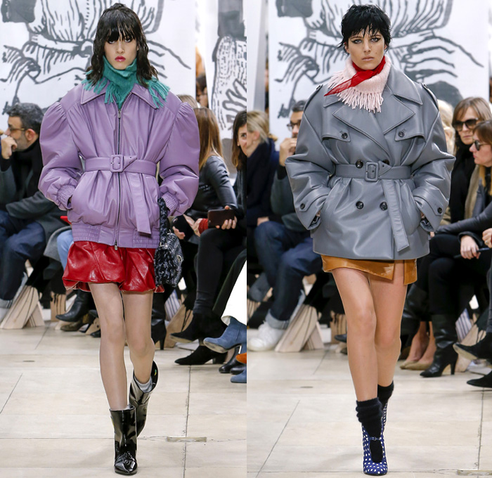 Miu Miu 2018-2019 Fall Autumn Winter Womens Runway Catwalk Looks - Mode à Paris Fashion Week France - 1950s 1960s Hairstyle Pompadour Quiff Oversized Outerwear Trench Coat Motorcycle Biker Jacket Blouse Wide Lapel Knit Collar Leg O'Mutton Sleeves Knit Sweater Tweed Sheer Chiffon Fringes Bedazzled Jewels Houndstooth Check Flowers Floral Brocade Pencil Skirt Miniskirt Dress Denim Jeans Stonewash Handbag Scarf Satin Shoes Tie Up Knot Chain Belts Boots Snakeskin Socks Heels Sunglasses Shades