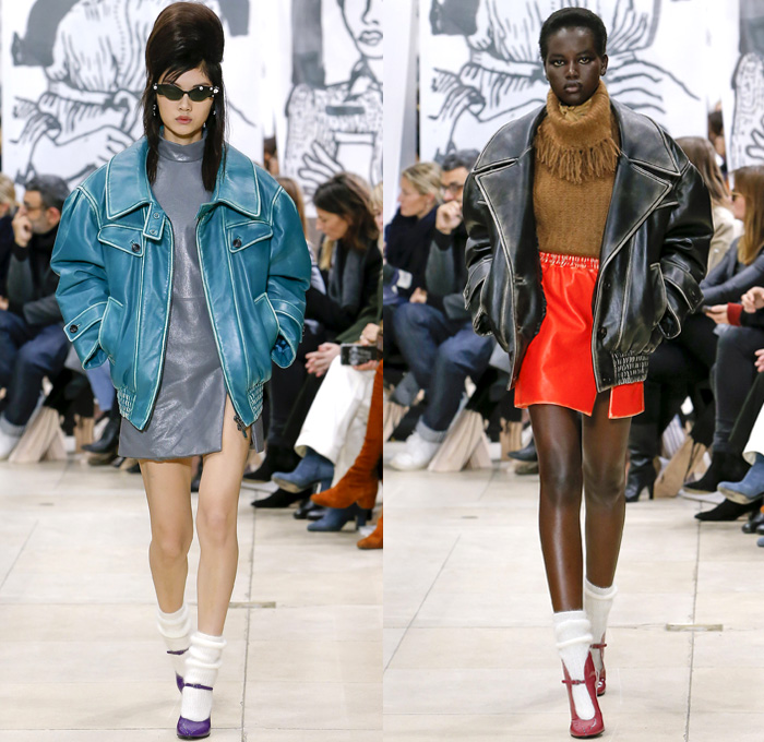 Miu Miu 2018-2019 Fall Autumn Winter Womens Runway Catwalk Looks - Mode à Paris Fashion Week France - 1950s 1960s Hairstyle Pompadour Quiff Oversized Outerwear Trench Coat Motorcycle Biker Jacket Blouse Wide Lapel Knit Collar Leg O'Mutton Sleeves Knit Sweater Tweed Sheer Chiffon Fringes Bedazzled Jewels Houndstooth Check Flowers Floral Brocade Pencil Skirt Miniskirt Dress Denim Jeans Stonewash Handbag Scarf Satin Shoes Tie Up Knot Chain Belts Boots Snakeskin Socks Heels Sunglasses Shades
