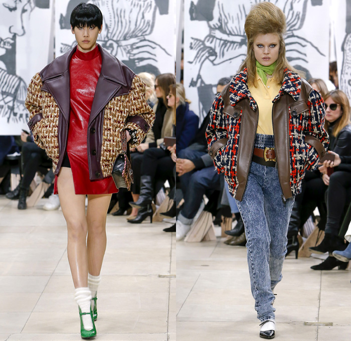 Miu Miu 2018-2019 Fall Autumn Winter Womens Runway Catwalk Looks - Mode à Paris Fashion Week France - 1950s 1960s Hairstyle Pompadour Quiff Oversized Outerwear Trench Coat Motorcycle Biker Jacket Blouse Wide Lapel Knit Collar Leg O'Mutton Sleeves Knit Sweater Tweed Sheer Chiffon Fringes Bedazzled Jewels Houndstooth Check Flowers Floral Brocade Pencil Skirt Miniskirt Dress Denim Jeans Stonewash Handbag Scarf Satin Shoes Tie Up Knot Chain Belts Boots Snakeskin Socks Heels Sunglasses Shades