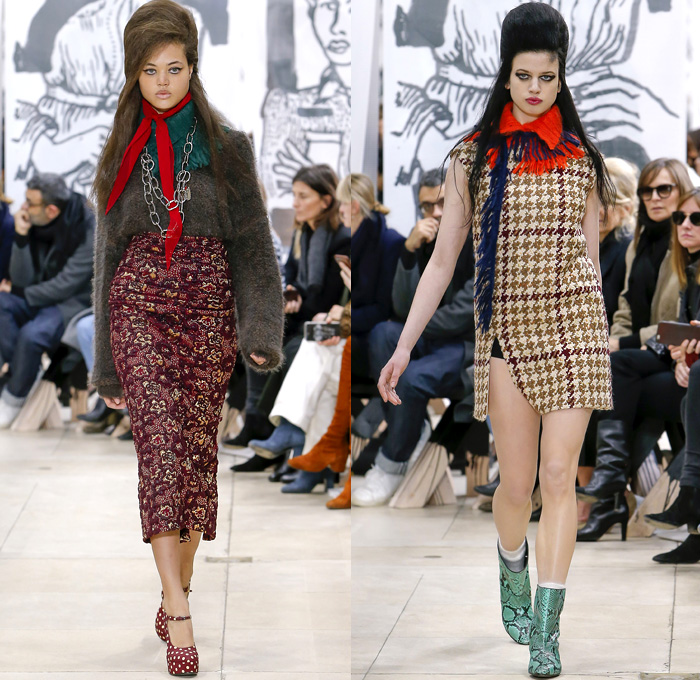 Miu Miu 2018-2019 Fall Autumn Winter Womens Runway Catwalk Looks - Mode à Paris Fashion Week France - 1950s 1960s Hairstyle Pompadour Quiff Oversized Outerwear Trench Coat Motorcycle Biker Jacket Blouse Wide Lapel Knit Collar Leg O'Mutton Sleeves Knit Sweater Tweed Sheer Chiffon Fringes Bedazzled Jewels Houndstooth Check Flowers Floral Brocade Pencil Skirt Miniskirt Dress Denim Jeans Stonewash Handbag Scarf Satin Shoes Tie Up Knot Chain Belts Boots Snakeskin Socks Heels Sunglasses Shades