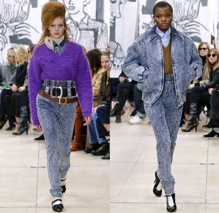 Miu Miu 2018-2019 Fall Autumn Winter Womens Runway Catwalk Looks - Mode à Paris Fashion Week France - 1950s 1960s Hairstyle Pompadour Quiff Oversized Outerwear Trench Coat Motorcycle Biker Jacket Blouse Wide Lapel Knit Collar Leg O'Mutton Sleeves Knit Sweater Tweed Sheer Chiffon Fringes Bedazzled Jewels Houndstooth Check Flowers Floral Brocade Pencil Skirt Miniskirt Dress Denim Jeans Stonewash Handbag Scarf Satin Shoes Tie Up Knot Chain Belts Boots Snakeskin Socks Heels Sunglasses Shades