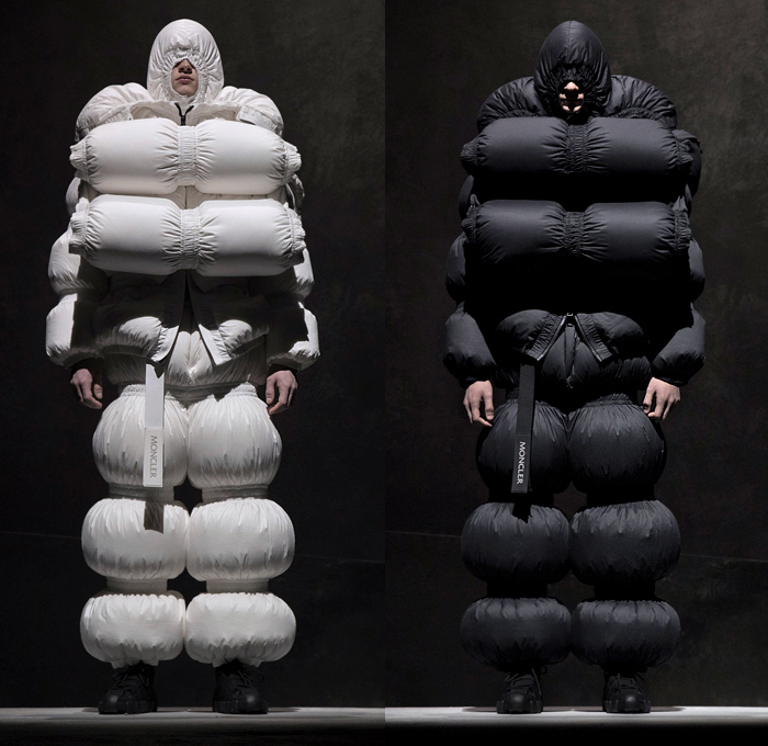 Moncler 5 Craig Green 2018-2019 Fall Autumn Winter Lookbook Presentation - Milano Moda Donna Collezione Milan Fashion Week Italy - Moncler Genius Project Arctic Alpine Black White Oversized Quilted Waffle Puffer Puffa Down Jacket Bubble Padded Parka Outerwear Coat Hoodie Cinch Straps Mountaineering Exoskeleton Beetle Pillow Comforter Antennae Samurai Warrior Tubes Stripes Ridges Inflatable Lifesaver Floatation Dimensional Sculptural Futuristic