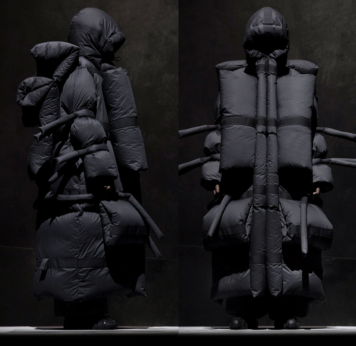 Moncler 5 Craig Green 2018-2019 Fall Autumn Winter Lookbook Presentation - Milano Moda Donna Collezione Milan Fashion Week Italy - Moncler Genius Project Arctic Alpine Black White Oversized Quilted Waffle Puffer Puffa Down Jacket Bubble Padded Parka Outerwear Coat Hoodie Cinch Straps Mountaineering Exoskeleton Beetle Pillow Comforter Antennae Samurai Warrior Tubes Stripes Ridges Inflatable Lifesaver Floatation Dimensional Sculptural Futuristic