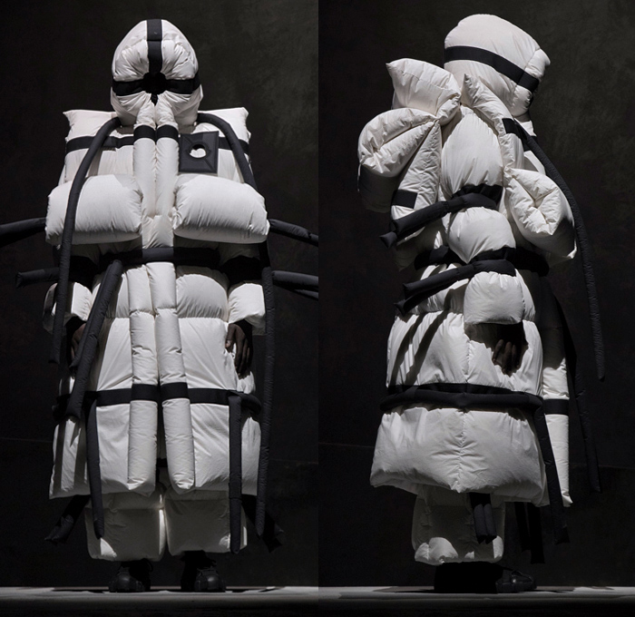 Moncler 5 Craig Green 2018-2019 Fall Autumn Winter Lookbook Presentation - Milano Moda Donna Collezione Milan Fashion Week Italy - Moncler Genius Project Arctic Alpine Black White Oversized Quilted Waffle Puffer Puffa Down Jacket Bubble Padded Parka Outerwear Coat Hoodie Cinch Straps Mountaineering Exoskeleton Beetle Pillow Comforter Antennae Samurai Warrior Tubes Stripes Ridges Inflatable Lifesaver Floatation Dimensional Sculptural Futuristic