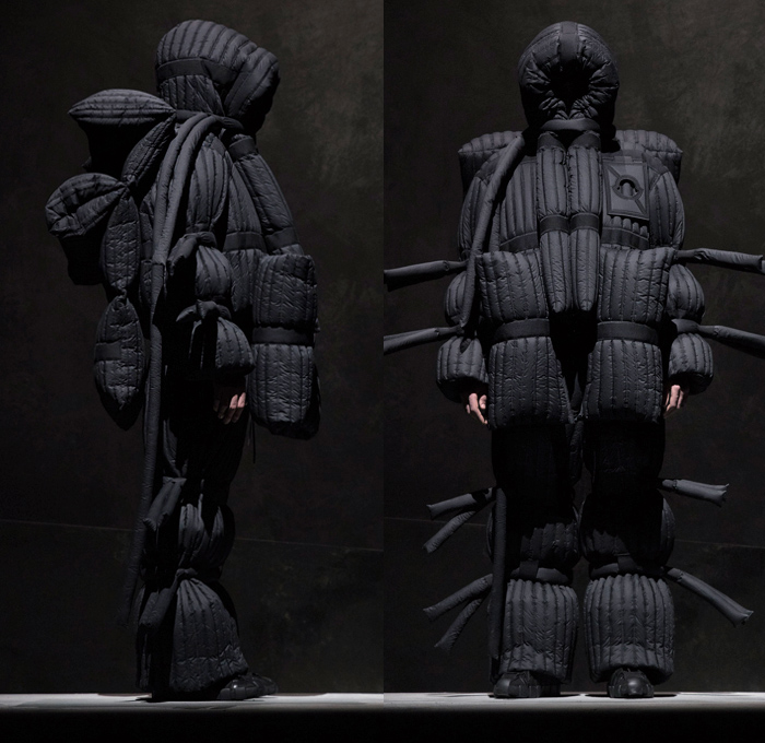 Moncler 5 Craig Green 2018-2019 Fall Autumn Winter Lookbook Presentation - Milano Moda Donna Collezione Milan Fashion Week Italy - Moncler Genius Project Arctic Alpine Black White Oversized Quilted Waffle Puffer Puffa Down Jacket Bubble Padded Parka Outerwear Coat Hoodie Cinch Straps Mountaineering Exoskeleton Beetle Pillow Comforter Antennae Samurai Warrior Tubes Stripes Ridges Inflatable Lifesaver Floatation Dimensional Sculptural Futuristic