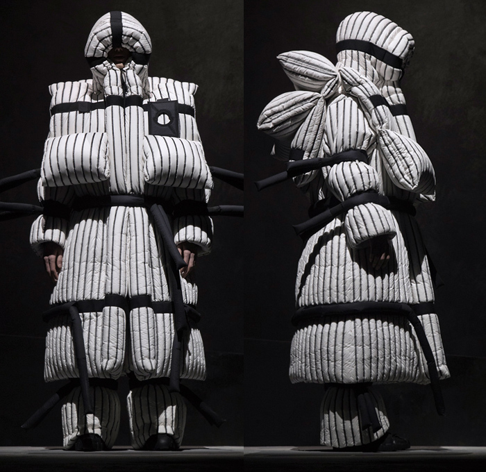 Moncler 5 Craig Green 2018-2019 Fall Autumn Winter Lookbook Presentation - Milano Moda Donna Collezione Milan Fashion Week Italy - Moncler Genius Project Arctic Alpine Black White Oversized Quilted Waffle Puffer Puffa Down Jacket Bubble Padded Parka Outerwear Coat Hoodie Cinch Straps Mountaineering Exoskeleton Beetle Pillow Comforter Antennae Samurai Warrior Tubes Stripes Ridges Inflatable Lifesaver Floatation Dimensional Sculptural Futuristic