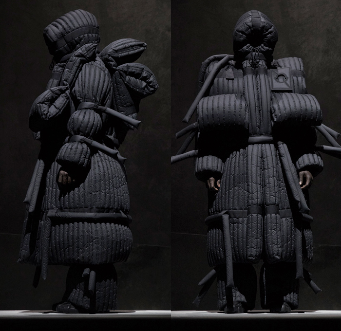 Moncler 5 Craig Green 2018-2019 Fall Autumn Winter Lookbook Presentation - Milano Moda Donna Collezione Milan Fashion Week Italy - Moncler Genius Project Arctic Alpine Black White Oversized Quilted Waffle Puffer Puffa Down Jacket Bubble Padded Parka Outerwear Coat Hoodie Cinch Straps Mountaineering Exoskeleton Beetle Pillow Comforter Antennae Samurai Warrior Tubes Stripes Ridges Inflatable Lifesaver Floatation Dimensional Sculptural Futuristic