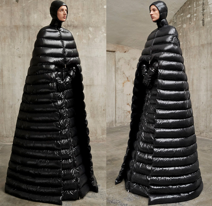Moncler 1 Pierpaolo Piccioli 2018-2019 Fall Autumn Winter Womens Presentation - Milano Moda Donna Collezione Milan Fashion Week Italy - Monastery Dimensional Structural Sculpture Futuristic Hoodie Outerwear Overcoat Quilted Waffle Puffer Down Jacket Bubble Coat  Arm Armers Long Skirt Cape Colorblock Hanging Sleeve Towers Elongated Cone Shaped Detachable Removable Panels