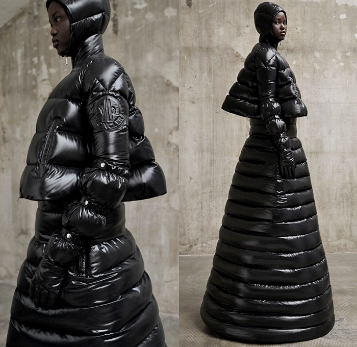 Moncler 1 Pierpaolo Piccioli 2018-2019 Fall Autumn Winter Womens Presentation - Milano Moda Donna Collezione Milan Fashion Week Italy - Monastery Dimensional Structural Sculpture Futuristic Hoodie Outerwear Overcoat Quilted Waffle Puffer Down Jacket Bubble Coat  Arm Armers Long Skirt Cape Colorblock Hanging Sleeve Towers Elongated Cone Shaped Detachable Removable Panels