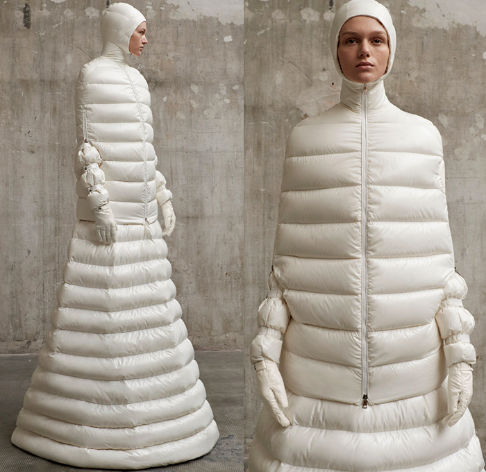 Moncler 1 Pierpaolo Piccioli 2018-2019 Fall Autumn Winter Womens Presentation - Milano Moda Donna Collezione Milan Fashion Week Italy - Monastery Dimensional Structural Sculpture Futuristic Hoodie Outerwear Overcoat Quilted Waffle Puffer Down Jacket Bubble Coat  Arm Armers Long Skirt Cape Colorblock Hanging Sleeve Towers Elongated Cone Shaped Detachable Removable Panels