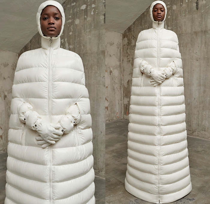 Moncler 1 Pierpaolo Piccioli 2018-2019 Fall Autumn Winter Womens Presentation - Milano Moda Donna Collezione Milan Fashion Week Italy - Monastery Dimensional Structural Sculpture Futuristic Hoodie Outerwear Overcoat Quilted Waffle Puffer Down Jacket Bubble Coat  Arm Armers Long Skirt Cape Colorblock Hanging Sleeve Towers Elongated Cone Shaped Detachable Removable Panels