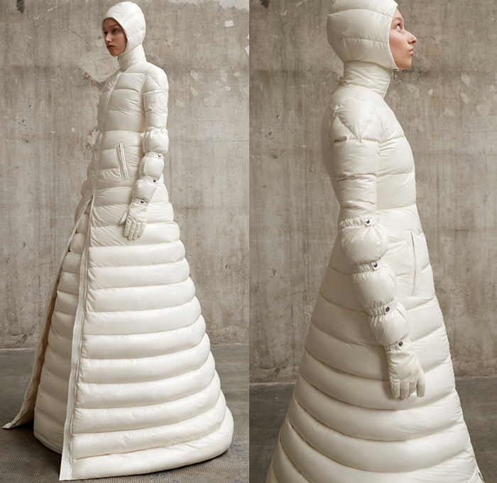 Moncler 1 Pierpaolo Piccioli 2018-2019 Fall Autumn Winter Womens Presentation - Milano Moda Donna Collezione Milan Fashion Week Italy - Monastery Dimensional Structural Sculpture Futuristic Hoodie Outerwear Overcoat Quilted Waffle Puffer Down Jacket Bubble Coat  Arm Armers Long Skirt Cape Colorblock Hanging Sleeve Towers Elongated Cone Shaped Detachable Removable Panels