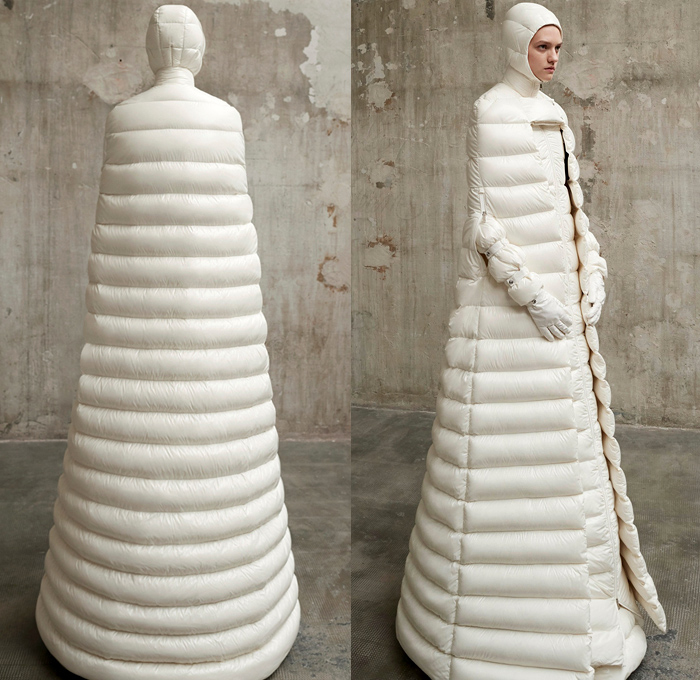 Moncler 1 Pierpaolo Piccioli 2018-2019 Fall Autumn Winter Womens Presentation - Milano Moda Donna Collezione Milan Fashion Week Italy - Monastery Dimensional Structural Sculpture Futuristic Hoodie Outerwear Overcoat Quilted Waffle Puffer Down Jacket Bubble Coat  Arm Armers Long Skirt Cape Colorblock Hanging Sleeve Towers Elongated Cone Shaped Detachable Removable Panels