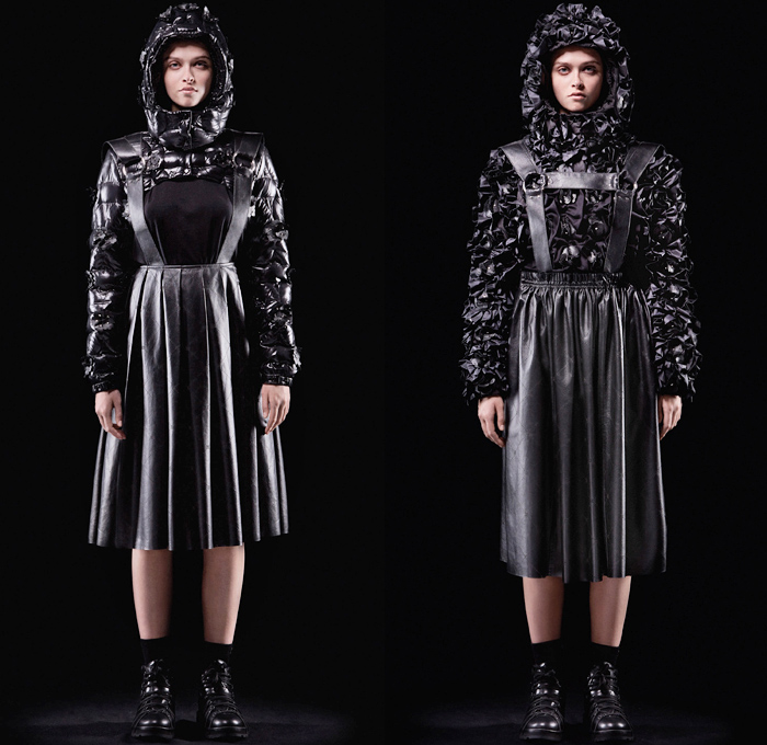 Moncler 6 Noir Kei Ninomiya 2018-2019 Fall Autumn Winter Womens Lookbook Presentation - Milano Moda Donna Collezione Milan Fashion Week Italy - Moncler Genius Project Rock Formation Bubbles Inflatable Arctic Alpine Sculptural Futuristic 3D Flowers Floral Chainlink Basketweave Braid Nylon Thermalwear Mesh Wires Coat Hoodie Parka Quilted Waffle Puffer Down Bubble Jacket Skirt Padded Crop Top Shawl Long Sleeve Oversized Chunky Knit Sweater Vest Pinafore Dress Braces Straps Military Boots