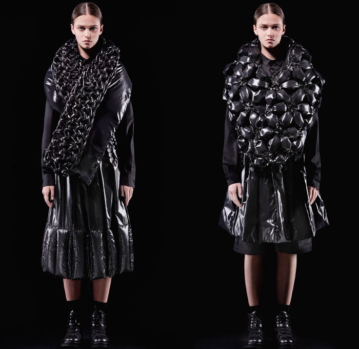 Moncler 6 Noir Kei Ninomiya 2018-2019 Fall Autumn Winter Womens Lookbook Presentation - Milano Moda Donna Collezione Milan Fashion Week Italy - Moncler Genius Project Rock Formation Bubbles Inflatable Arctic Alpine Sculptural Futuristic 3D Flowers Floral Chainlink Basketweave Braid Nylon Thermalwear Mesh Wires Coat Hoodie Parka Quilted Waffle Puffer Down Bubble Jacket Skirt Padded Crop Top Shawl Long Sleeve Oversized Chunky Knit Sweater Vest Pinafore Dress Braces Straps Military Boots