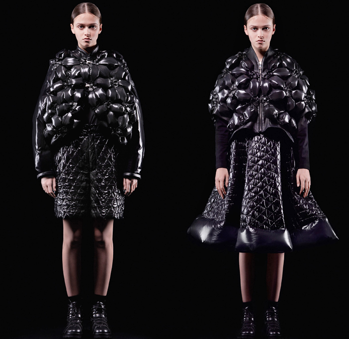 Moncler 6 Noir Kei Ninomiya 2018-2019 Fall Autumn Winter Womens Lookbook Presentation - Milano Moda Donna Collezione Milan Fashion Week Italy - Moncler Genius Project Rock Formation Bubbles Inflatable Arctic Alpine Sculptural Futuristic 3D Flowers Floral Chainlink Basketweave Braid Nylon Thermalwear Mesh Wires Coat Hoodie Parka Quilted Waffle Puffer Down Bubble Jacket Skirt Padded Crop Top Shawl Long Sleeve Oversized Chunky Knit Sweater Vest Pinafore Dress Braces Straps Military Boots
