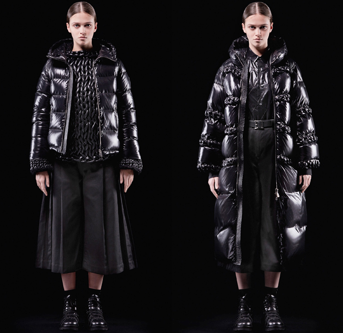 Moncler 6 Noir Kei Ninomiya 2018-2019 Fall Autumn Winter Womens Lookbook Presentation - Milano Moda Donna Collezione Milan Fashion Week Italy - Moncler Genius Project Rock Formation Bubbles Inflatable Arctic Alpine Sculptural Futuristic 3D Flowers Floral Chainlink Basketweave Braid Nylon Thermalwear Mesh Wires Coat Hoodie Parka Quilted Waffle Puffer Down Bubble Jacket Skirt Padded Crop Top Shawl Long Sleeve Oversized Chunky Knit Sweater Vest Pinafore Dress Braces Straps Military Boots