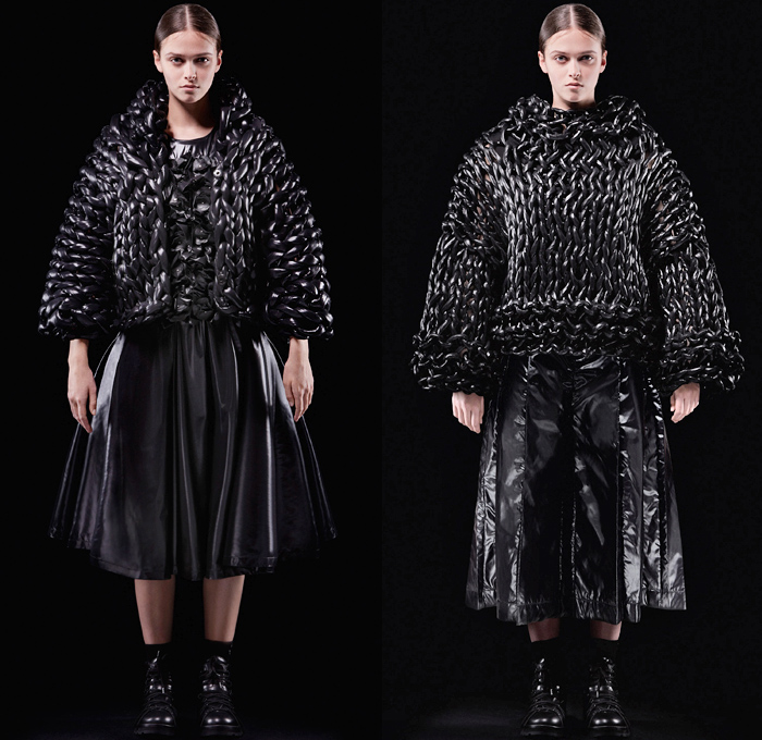 Moncler 6 Noir Kei Ninomiya 2018-2019 Fall Autumn Winter Womens Lookbook Presentation - Milano Moda Donna Collezione Milan Fashion Week Italy - Moncler Genius Project Rock Formation Bubbles Inflatable Arctic Alpine Sculptural Futuristic 3D Flowers Floral Chainlink Basketweave Braid Nylon Thermalwear Mesh Wires Coat Hoodie Parka Quilted Waffle Puffer Down Bubble Jacket Skirt Padded Crop Top Shawl Long Sleeve Oversized Chunky Knit Sweater Vest Pinafore Dress Braces Straps Military Boots