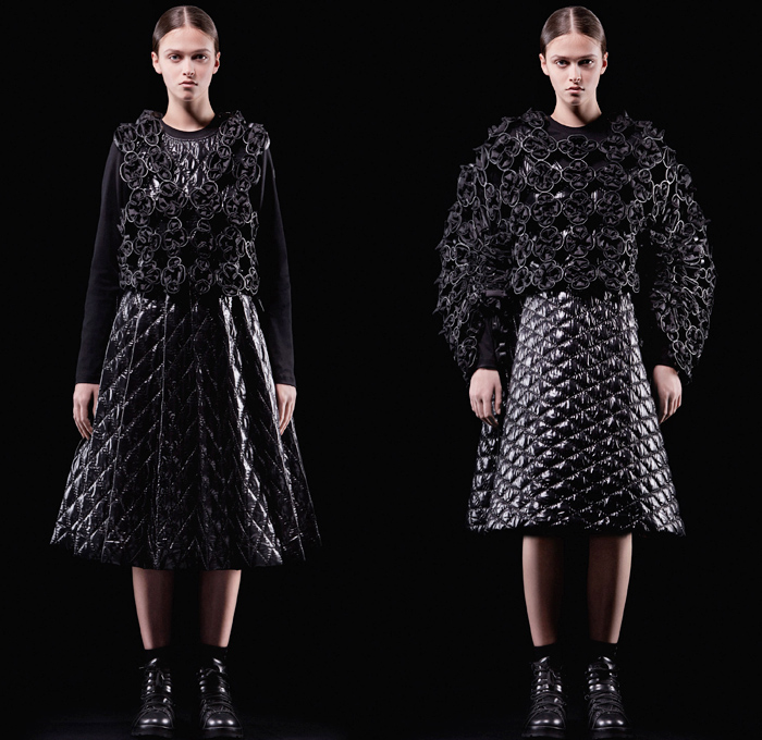 Moncler 6 Noir Kei Ninomiya 2018-2019 Fall Autumn Winter Womens Lookbook Presentation - Milano Moda Donna Collezione Milan Fashion Week Italy - Moncler Genius Project Rock Formation Bubbles Inflatable Arctic Alpine Sculptural Futuristic 3D Flowers Floral Chainlink Basketweave Braid Nylon Thermalwear Mesh Wires Coat Hoodie Parka Quilted Waffle Puffer Down Bubble Jacket Skirt Padded Crop Top Shawl Long Sleeve Oversized Chunky Knit Sweater Vest Pinafore Dress Braces Straps Military Boots