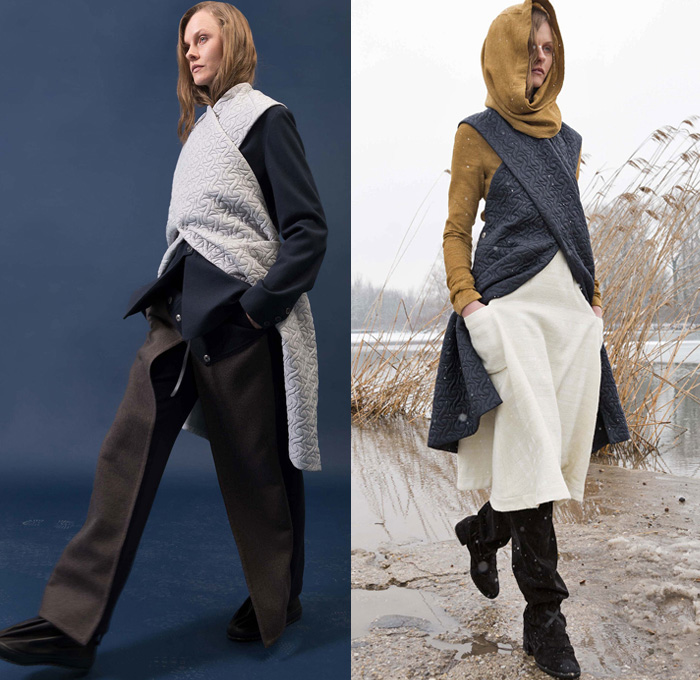 Nehera 2018-2019 Fall Autumn Winter Womens Lookbook Presentation - Mode à Paris Fashion Week France - Plush Fur Shearling Sheepskin Outerwear Coat Blazer Removable Detachable Hoodie Pastels Quilted Cross Shawl Wrap Knit Crochet Weave Sweater Satin Wool Geometric Turtleneck Long Sleeve Blouse Shirt Crop Top Midriff Skirt Wide Leg Trousers Palazzo Pants Glove Hand Sack Purse Clutch Cinch Boots Fanny Pack Waist Pouch Belt Bum Bag