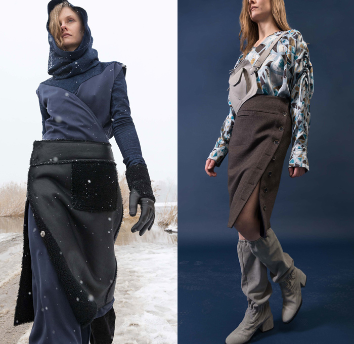 Nehera 2018-2019 Fall Autumn Winter Womens Lookbook Presentation - Mode à Paris Fashion Week France - Plush Fur Shearling Sheepskin Outerwear Coat Blazer Removable Detachable Hoodie Pastels Quilted Cross Shawl Wrap Knit Crochet Weave Sweater Satin Wool Geometric Turtleneck Long Sleeve Blouse Shirt Crop Top Midriff Skirt Wide Leg Trousers Palazzo Pants Glove Hand Sack Purse Clutch Cinch Boots Fanny Pack Waist Pouch Belt Bum Bag