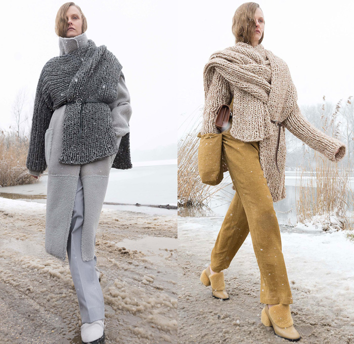 Nehera 2018-2019 Fall Autumn Winter Womens Lookbook Presentation - Mode à Paris Fashion Week France - Plush Fur Shearling Sheepskin Outerwear Coat Blazer Removable Detachable Hoodie Pastels Quilted Cross Shawl Wrap Knit Crochet Weave Sweater Satin Wool Geometric Turtleneck Long Sleeve Blouse Shirt Crop Top Midriff Skirt Wide Leg Trousers Palazzo Pants Glove Hand Sack Purse Clutch Cinch Boots Fanny Pack Waist Pouch Belt Bum Bag