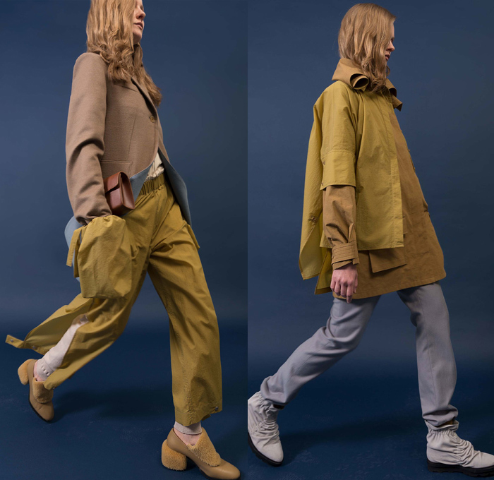 Nehera 2018-2019 Fall Autumn Winter Womens Lookbook Presentation - Mode à Paris Fashion Week France - Plush Fur Shearling Sheepskin Outerwear Coat Blazer Removable Detachable Hoodie Pastels Quilted Cross Shawl Wrap Knit Crochet Weave Sweater Satin Wool Geometric Turtleneck Long Sleeve Blouse Shirt Crop Top Midriff Skirt Wide Leg Trousers Palazzo Pants Glove Hand Sack Purse Clutch Cinch Boots Fanny Pack Waist Pouch Belt Bum Bag