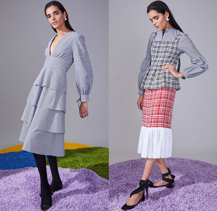 Novis 2018-2019 Fall Autumn Winter Womens Lookbook Presentation - New York Fashion Week NYFW - Bold Hues Colors Cashmere Wool Chunky Crochet Weave Fringes Plaid Tartan Windowpane Grid Picnic Check 3D Flowers Floral Decorated Spangles Paillettes Mesh Net Lasercut Cutout Drawstring Blazer Jacket Long Sleeve Blouse Shirt Knit Sweater Turtleneck Pantsuit Pinafore Dress Tiered Skirt Wide Leg Palazzo Pants Leggings Sheer Chiffon Tulle Tutu Gown Eveningwear Dress Mules Kitten Heels Strap Heels Shawl