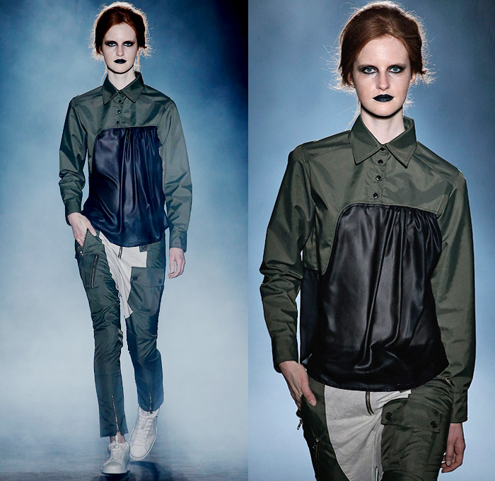 OSCARLEON 2018-2019 Fall Autumn Winter Runway Catwalk Looks - 080 Barcelona Fashion Catalonia Spain - I Will Do It Whatever You Think Grunge Rustic Dark Apocalyptic Hand Print Hybrid Combo Panel Satin Stripes Cross Drawstring Long Sleeve Blouse Shirt Buttons Shirtdress Tapered Trousers Cargo Pockets Utilitarian Zippers Extra Strap Closure Skirt Leggings Headscarf Headwear Glasses Sneakers