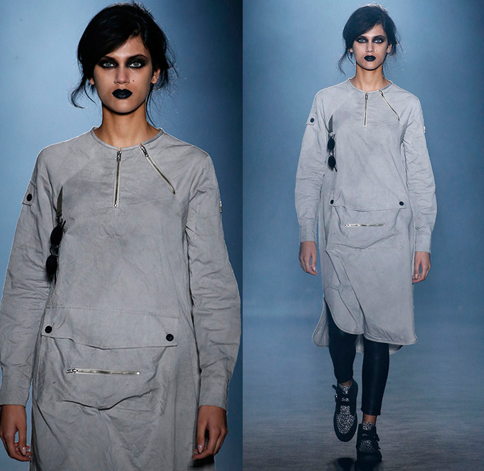 OSCARLEON 2018-2019 Fall Autumn Winter Runway Catwalk Looks - 080 Barcelona Fashion Catalonia Spain - I Will Do It Whatever You Think Grunge Rustic Dark Apocalyptic Hand Print Hybrid Combo Panel Satin Stripes Cross Drawstring Long Sleeve Blouse Shirt Buttons Shirtdress Tapered Trousers Cargo Pockets Utilitarian Zippers Extra Strap Closure Skirt Leggings Headscarf Headwear Glasses Sneakers