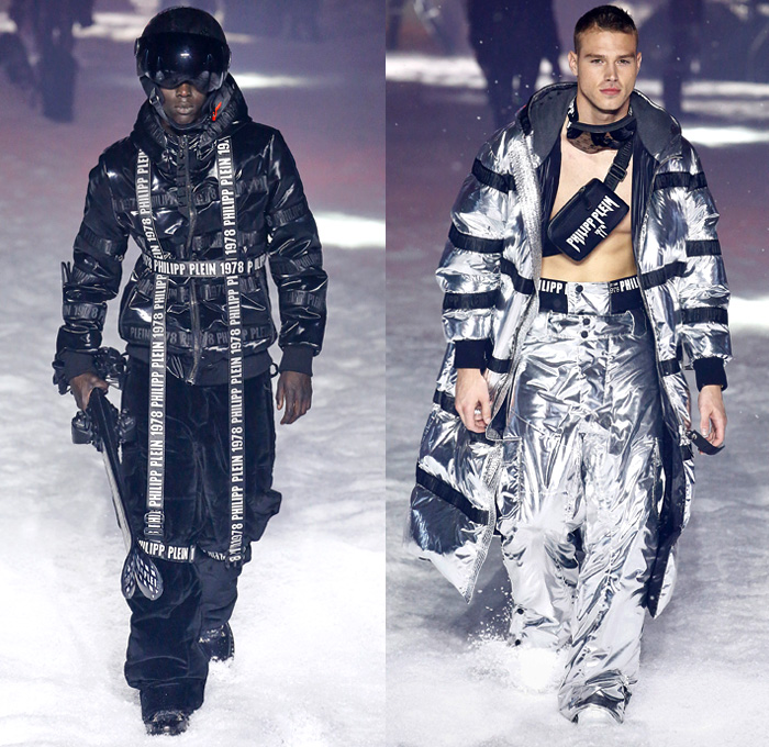 Philipp Plein 2018-2019 Fall Autumn Winter Mens Runway Catwalk Looks - New York Fashion Week NYFW - UFO Futuristic Sportswear Alpine Arctic Skis Snowboards Mountain Climber Playmate Playboy Cover Straps Belts Aviator Helmet Nylon Thermal Plaid Check Harness Zippers Buckles Graffiti Patches Emblems Outerwear Parka Quilted Puffer Down Coat Sweatshirt Plush Fur Shearling Leather Motorcycle Biker Bomber Jacket Denim Jeans Jogger Fanny Pack Belt Bum Bag Boots Goggles Fedora Hat Chain Mask Backpack