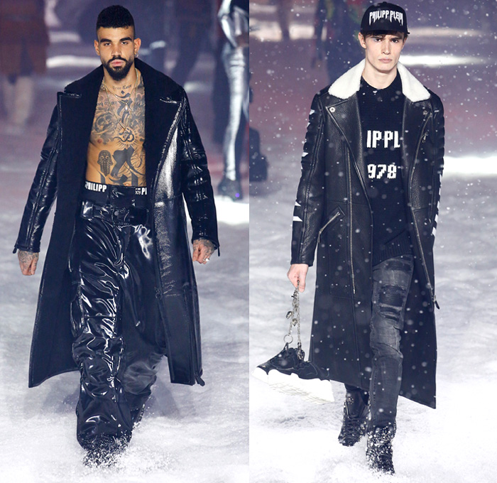 Philipp Plein 2018-2019 Fall Autumn Winter Mens Runway Catwalk Looks - New York Fashion Week NYFW - UFO Futuristic Sportswear Alpine Arctic Skis Snowboards Mountain Climber Playmate Playboy Cover Straps Belts Aviator Helmet Nylon Thermal Plaid Check Harness Zippers Buckles Graffiti Patches Emblems Outerwear Parka Quilted Puffer Down Coat Sweatshirt Plush Fur Shearling Leather Motorcycle Biker Bomber Jacket Denim Jeans Jogger Fanny Pack Belt Bum Bag Boots Goggles Fedora Hat Chain Mask Backpack