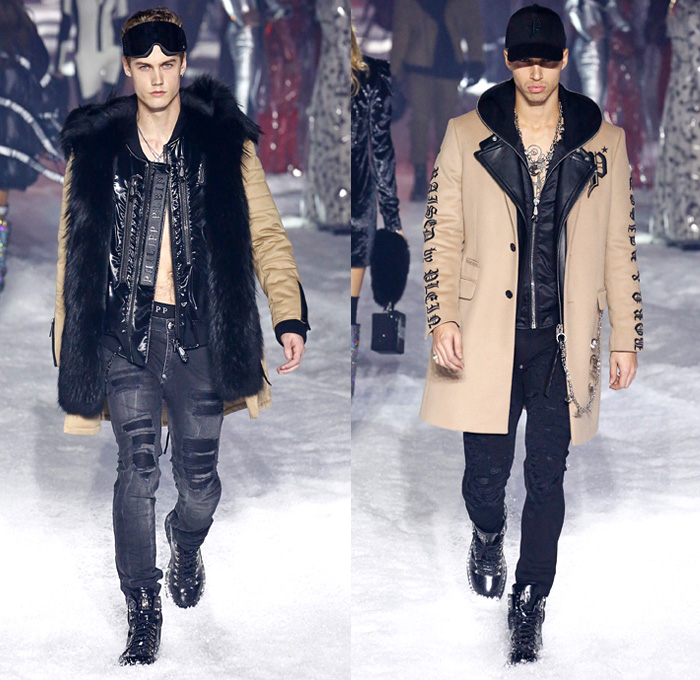 Philipp Plein 2018-2019 Fall Autumn Winter Mens Runway Catwalk Looks - New York Fashion Week NYFW - UFO Futuristic Sportswear Alpine Arctic Skis Snowboards Mountain Climber Playmate Playboy Cover Straps Belts Aviator Helmet Nylon Thermal Plaid Check Harness Zippers Buckles Graffiti Patches Emblems Outerwear Parka Quilted Puffer Down Coat Sweatshirt Plush Fur Shearling Leather Motorcycle Biker Bomber Jacket Denim Jeans Jogger Fanny Pack Belt Bum Bag Boots Goggles Fedora Hat Chain Mask Backpack