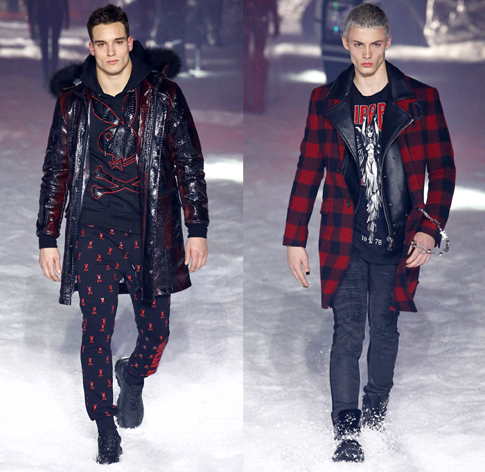 Philipp Plein 2018-2019 Fall Autumn Winter Mens Runway Catwalk Looks - New York Fashion Week NYFW - UFO Futuristic Sportswear Alpine Arctic Skis Snowboards Mountain Climber Playmate Playboy Cover Straps Belts Aviator Helmet Nylon Thermal Plaid Check Harness Zippers Buckles Graffiti Patches Emblems Outerwear Parka Quilted Puffer Down Coat Sweatshirt Plush Fur Shearling Leather Motorcycle Biker Bomber Jacket Denim Jeans Jogger Fanny Pack Belt Bum Bag Boots Goggles Fedora Hat Chain Mask Backpack