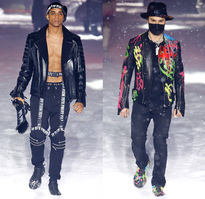 Philipp Plein 2018-2019 Fall Autumn Winter Mens Runway Catwalk Looks - New York Fashion Week NYFW - UFO Futuristic Sportswear Alpine Arctic Skis Snowboards Mountain Climber Playmate Playboy Cover Straps Belts Aviator Helmet Nylon Thermal Plaid Check Harness Zippers Buckles Graffiti Patches Emblems Outerwear Parka Quilted Puffer Down Coat Sweatshirt Plush Fur Shearling Leather Motorcycle Biker Bomber Jacket Denim Jeans Jogger Fanny Pack Belt Bum Bag Boots Goggles Fedora Hat Chain Mask Backpack