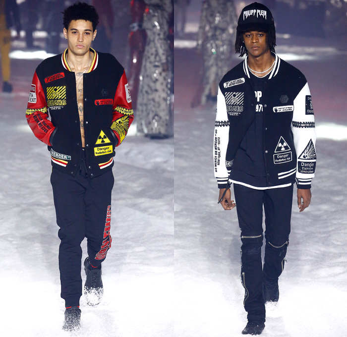 Philipp Plein 2018-2019 Fall Autumn Winter Mens Runway Catwalk Looks - New York Fashion Week NYFW - UFO Futuristic Sportswear Alpine Arctic Skis Snowboards Mountain Climber Playmate Playboy Cover Straps Belts Aviator Helmet Nylon Thermal Plaid Check Harness Zippers Buckles Graffiti Patches Emblems Outerwear Parka Quilted Puffer Down Coat Sweatshirt Plush Fur Shearling Leather Motorcycle Biker Bomber Jacket Denim Jeans Jogger Fanny Pack Belt Bum Bag Boots Goggles Fedora Hat Chain Mask Backpack