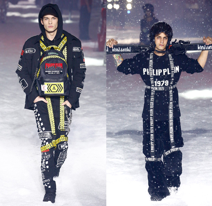 Philipp Plein 2018-2019 Fall Autumn Winter Mens Runway Catwalk Looks - New York Fashion Week NYFW - UFO Futuristic Sportswear Alpine Arctic Skis Snowboards Mountain Climber Playmate Playboy Cover Straps Belts Aviator Helmet Nylon Thermal Plaid Check Harness Zippers Buckles Graffiti Patches Emblems Outerwear Parka Quilted Puffer Down Coat Sweatshirt Plush Fur Shearling Leather Motorcycle Biker Bomber Jacket Denim Jeans Jogger Fanny Pack Belt Bum Bag Boots Goggles Fedora Hat Chain Mask Backpack