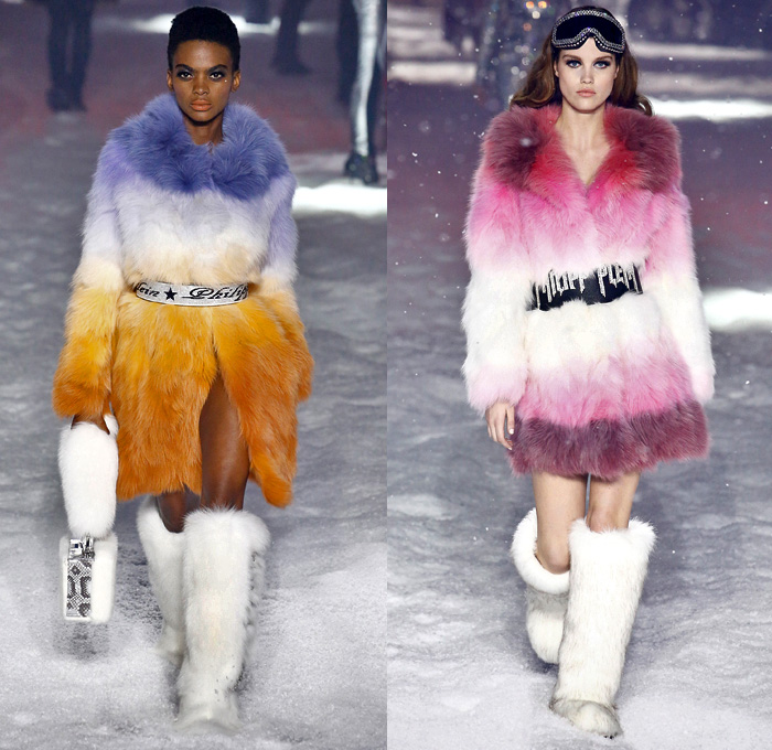 Philipp Plein 2018-2019 Fall Autumn Winter Womens Runway Catwalk Looks - New York Fashion Week NYFW - Space Invasion UFO Futuristic Sportswear Alpine Arctic Skis Snowboards Straps Belts Aviator Helmet Metallic Silver Nylon Thermal Harness Outerwear Parka Quilted Puffer Down Jacket Bubble Coat Hoodie Plush Fur Shearling Biker Pants Backpack Teddy Bear Mini Attache Snakeskin Goggles Ombré Plastic Rainwear Bedazzled Jewels Gemstones Studs Sequins Onesie Jumpsuit Sheer Tulle Tutu Unitard Robot