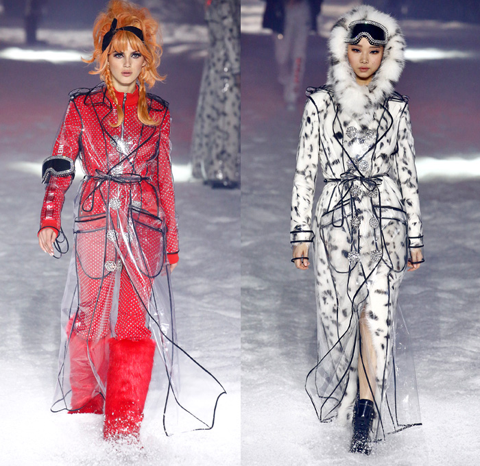 Philipp Plein 2018-2019 Fall Autumn Winter Womens Runway Catwalk Looks - New York Fashion Week NYFW - Space Invasion UFO Futuristic Sportswear Alpine Arctic Skis Snowboards Straps Belts Aviator Helmet Metallic Silver Nylon Thermal Harness Outerwear Parka Quilted Puffer Down Jacket Bubble Coat Hoodie Plush Fur Shearling Biker Pants Backpack Teddy Bear Mini Attache Snakeskin Goggles Ombré Plastic Rainwear Bedazzled Jewels Gemstones Studs Sequins Onesie Jumpsuit Sheer Tulle Tutu Unitard Robot