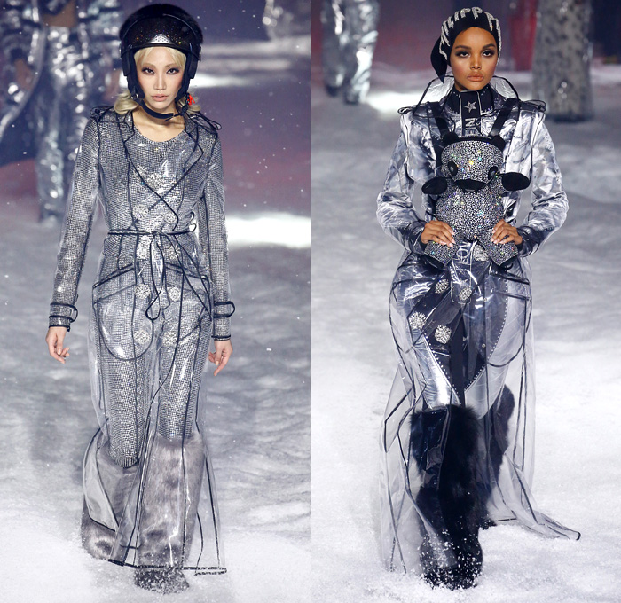 Philipp Plein 2018-2019 Fall Autumn Winter Womens Runway Catwalk Looks - New York Fashion Week NYFW - Space Invasion UFO Futuristic Sportswear Alpine Arctic Skis Snowboards Straps Belts Aviator Helmet Metallic Silver Nylon Thermal Harness Outerwear Parka Quilted Puffer Down Jacket Bubble Coat Hoodie Plush Fur Shearling Biker Pants Backpack Teddy Bear Mini Attache Snakeskin Goggles Ombré Plastic Rainwear Bedazzled Jewels Gemstones Studs Sequins Onesie Jumpsuit Sheer Tulle Tutu Unitard Robot