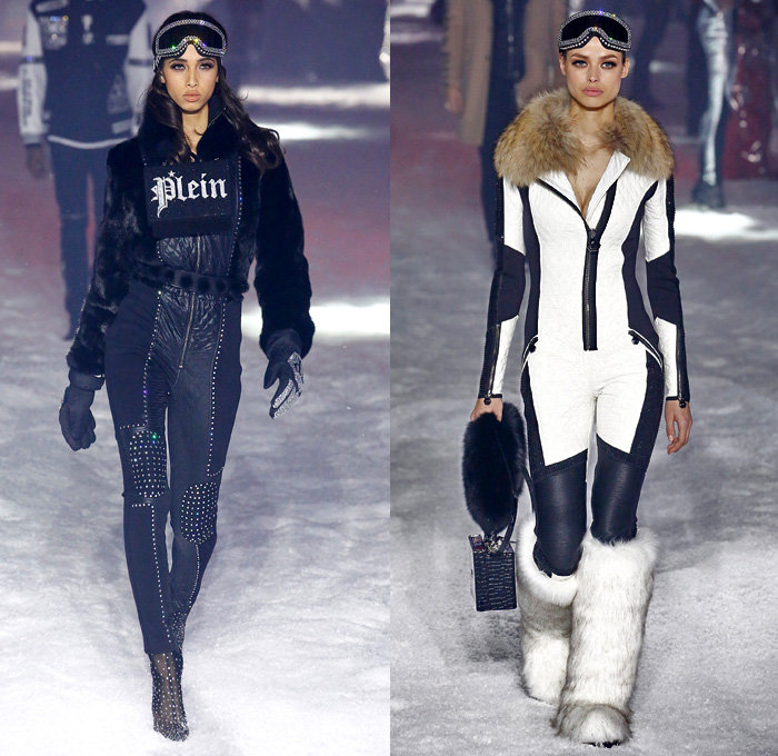 Philipp Plein 2018-2019 Fall Autumn Winter Womens Runway Catwalk Looks - New York Fashion Week NYFW - Space Invasion UFO Futuristic Sportswear Alpine Arctic Skis Snowboards Straps Belts Aviator Helmet Metallic Silver Nylon Thermal Harness Outerwear Parka Quilted Puffer Down Jacket Bubble Coat Hoodie Plush Fur Shearling Biker Pants Backpack Teddy Bear Mini Attache Snakeskin Goggles Ombré Plastic Rainwear Bedazzled Jewels Gemstones Studs Sequins Onesie Jumpsuit Sheer Tulle Tutu Unitard Robot