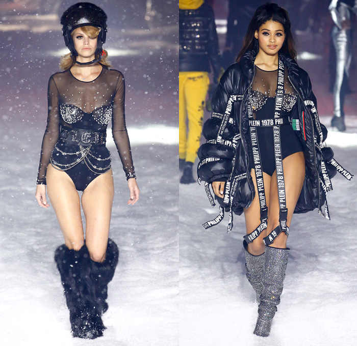 Philipp Plein 2018-2019 Fall Autumn Winter Womens Runway Catwalk Looks - New York Fashion Week NYFW - Space Invasion UFO Futuristic Sportswear Alpine Arctic Skis Snowboards Straps Belts Aviator Helmet Metallic Silver Nylon Thermal Harness Outerwear Parka Quilted Puffer Down Jacket Bubble Coat Hoodie Plush Fur Shearling Biker Pants Backpack Teddy Bear Mini Attache Snakeskin Goggles Ombré Plastic Rainwear Bedazzled Jewels Gemstones Studs Sequins Onesie Jumpsuit Sheer Tulle Tutu Unitard Robot