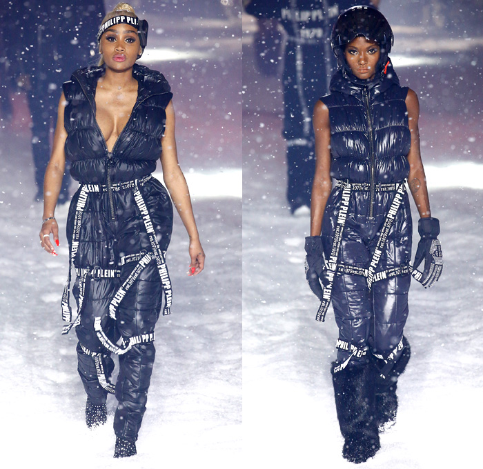 Philipp Plein 2018-2019 Fall Autumn Winter Womens Runway Catwalk Looks - New York Fashion Week NYFW - Space Invasion UFO Futuristic Sportswear Alpine Arctic Skis Snowboards Straps Belts Aviator Helmet Metallic Silver Nylon Thermal Harness Outerwear Parka Quilted Puffer Down Jacket Bubble Coat Hoodie Plush Fur Shearling Biker Pants Backpack Teddy Bear Mini Attache Snakeskin Goggles Ombré Plastic Rainwear Bedazzled Jewels Gemstones Studs Sequins Onesie Jumpsuit Sheer Tulle Tutu Unitard Robot