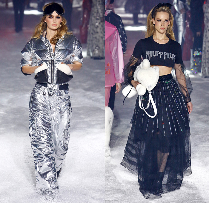 Philipp Plein 2018-2019 Fall Autumn Winter Womens Runway Catwalk Looks - New York Fashion Week NYFW - Space Invasion UFO Futuristic Sportswear Alpine Arctic Skis Snowboards Straps Belts Aviator Helmet Metallic Silver Nylon Thermal Harness Outerwear Parka Quilted Puffer Down Jacket Bubble Coat Hoodie Plush Fur Shearling Biker Pants Backpack Teddy Bear Mini Attache Snakeskin Goggles Ombré Plastic Rainwear Bedazzled Jewels Gemstones Studs Sequins Onesie Jumpsuit Sheer Tulle Tutu Unitard Robot