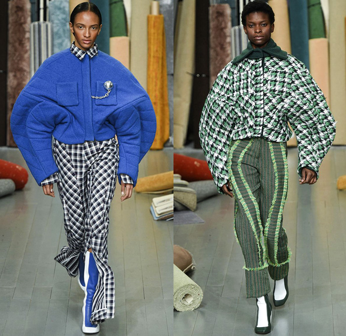 Richard Malone 2018-2019 Fall Autumn Winter Womens Runway Catwalk Looks - London Fashion Week Collections UK - Batwing Oversized Outerwear Coat Long Sleeve Blouse Shirt Knit Leg O'Mutton Sleeves Cutout Shoulders Dovetail Mullet Hem Wool Plaid Tartan Check Grid Houndstooth Fringes Tweed Sculptural Flower Bud Petal Hem Stripes Rectangular Neck Silk Satin Wide Leg Trousers Palazzo Pants Maxi Dress Curved Waist Chain Metal Ball Boots Handmaid Hat Bonnet Fishnet Tote Bag