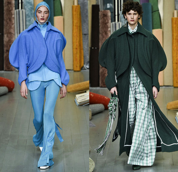 Richard Malone 2018-2019 Fall Autumn Winter Womens Runway Catwalk Looks - London Fashion Week Collections UK - Batwing Oversized Outerwear Coat Long Sleeve Blouse Shirt Knit Leg O'Mutton Sleeves Cutout Shoulders Dovetail Mullet Hem Wool Plaid Tartan Check Grid Houndstooth Fringes Tweed Sculptural Flower Bud Petal Hem Stripes Rectangular Neck Silk Satin Wide Leg Trousers Palazzo Pants Maxi Dress Curved Waist Chain Metal Ball Boots Handmaid Hat Bonnet Fishnet Tote Bag