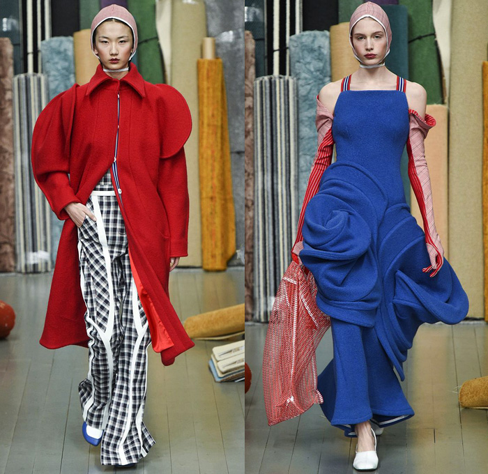 Richard Malone 2018-2019 Fall Autumn Winter Womens Runway Catwalk Looks - London Fashion Week Collections UK - Batwing Oversized Outerwear Coat Long Sleeve Blouse Shirt Knit Leg O'Mutton Sleeves Cutout Shoulders Dovetail Mullet Hem Wool Plaid Tartan Check Grid Houndstooth Fringes Tweed Sculptural Flower Bud Petal Hem Stripes Rectangular Neck Silk Satin Wide Leg Trousers Palazzo Pants Maxi Dress Curved Waist Chain Metal Ball Boots Handmaid Hat Bonnet Fishnet Tote Bag