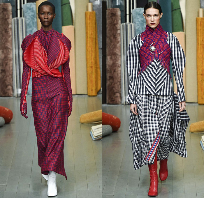 Richard Malone 2018-2019 Fall Autumn Winter Womens Runway Catwalk Looks - London Fashion Week Collections UK - Batwing Oversized Outerwear Coat Long Sleeve Blouse Shirt Knit Leg O'Mutton Sleeves Cutout Shoulders Dovetail Mullet Hem Wool Plaid Tartan Check Grid Houndstooth Fringes Tweed Sculptural Flower Bud Petal Hem Stripes Rectangular Neck Silk Satin Wide Leg Trousers Palazzo Pants Maxi Dress Curved Waist Chain Metal Ball Boots Handmaid Hat Bonnet Fishnet Tote Bag