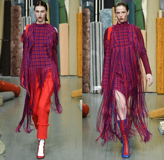 Richard Malone 2018-2019 Fall Autumn Winter Womens Runway Catwalk Looks - London Fashion Week Collections UK - Batwing Oversized Outerwear Coat Long Sleeve Blouse Shirt Knit Leg O'Mutton Sleeves Cutout Shoulders Dovetail Mullet Hem Wool Plaid Tartan Check Grid Houndstooth Fringes Tweed Sculptural Flower Bud Petal Hem Stripes Rectangular Neck Silk Satin Wide Leg Trousers Palazzo Pants Maxi Dress Curved Waist Chain Metal Ball Boots Handmaid Hat Bonnet Fishnet Tote Bag